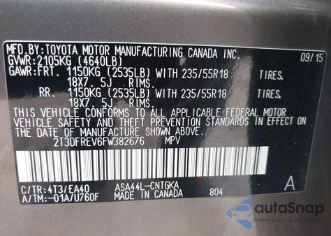 2015 Toyota Rav4 Limited z USA, uszkodzony, nr VIN 2T3DFREV6FW382676